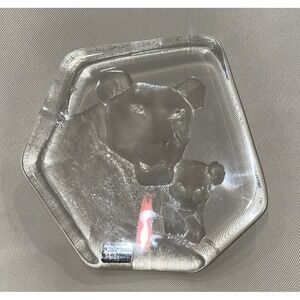 Mats Jonasson Large Tiger Cub Mom Sweden Art Glass Paperweight Lead Crystal FLAW
